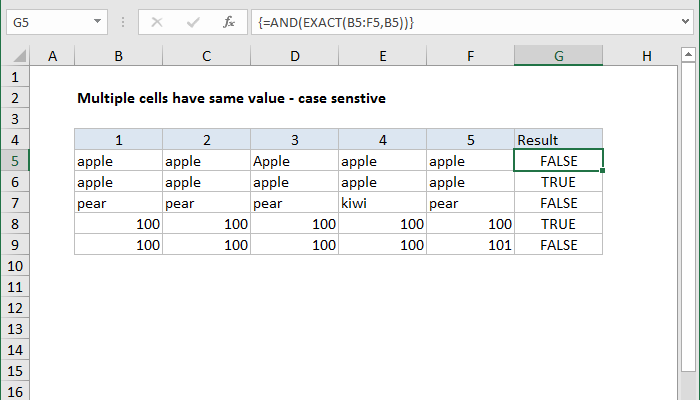 Excel Multiple cells have same value case sensitive