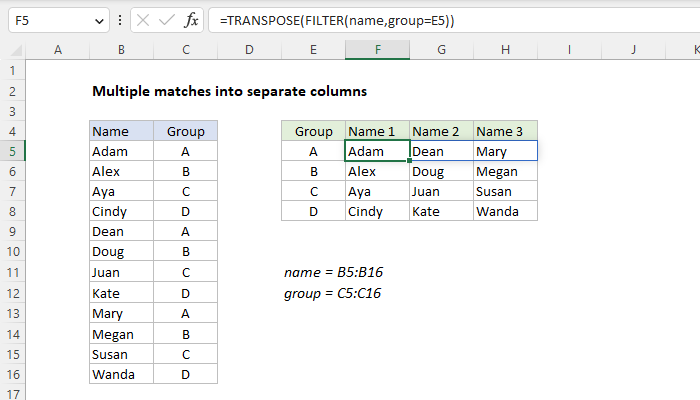 Excel Multiple matches into separate columns