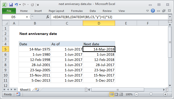 Excel Next anniversary date