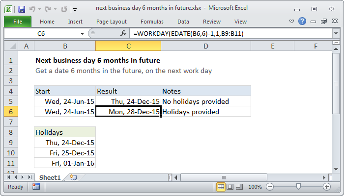 Excel Next business day 6 months in future