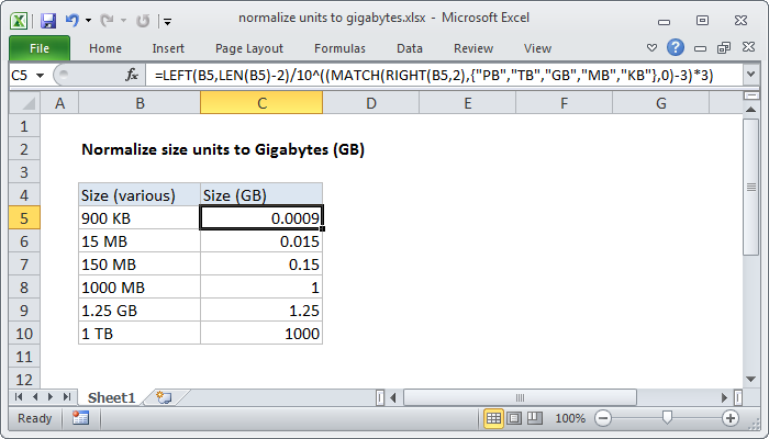 Excel Normalize size units to Gigabytes