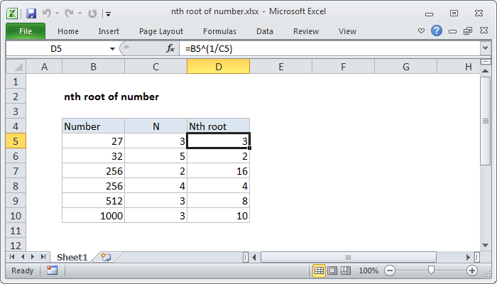 Excel nth root of number