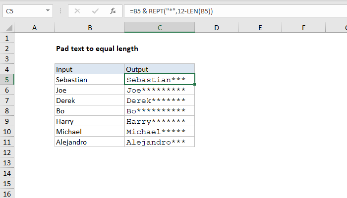 Excel Pad text to equal length