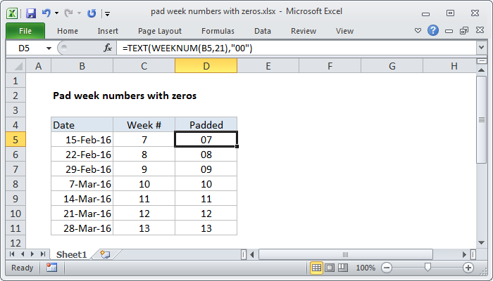 Excel Pad week numbers with zeros