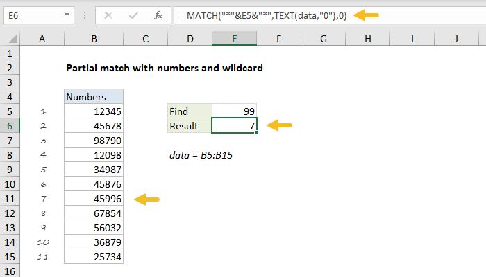 Excel Partial match with numbers and wildcard