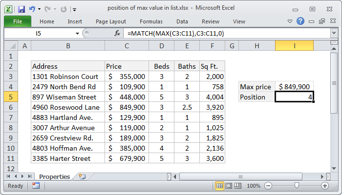 Excel Position of max value in list