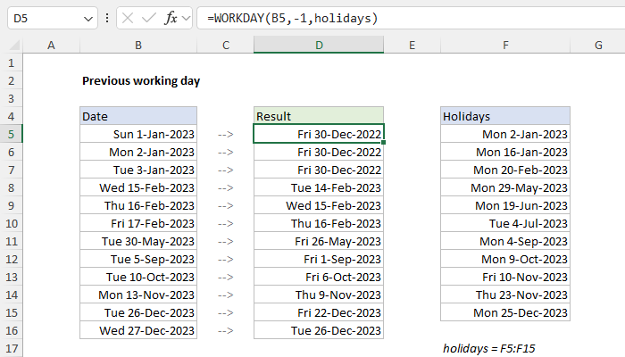 Excel Previous working day
