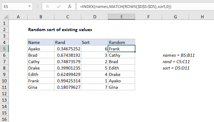 Excel Random sort formula