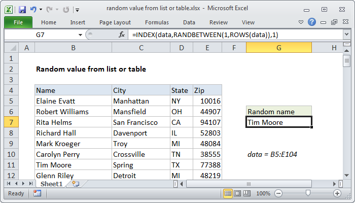 Excel Random value from list or table