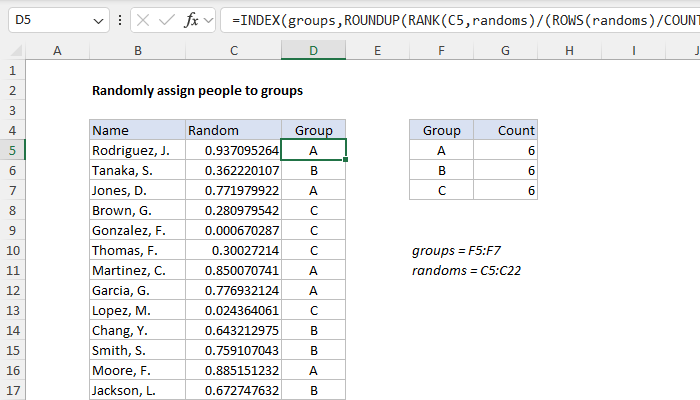 Excel Randomly assign people to groups