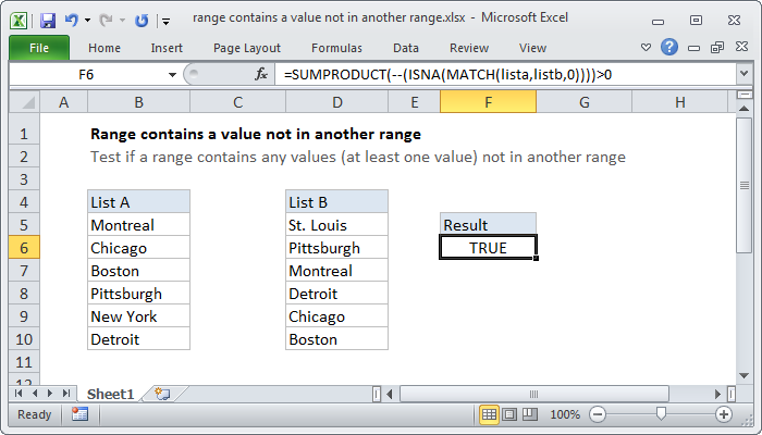 Excel Range contains a value not in another range