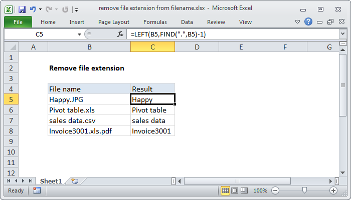 Excel Remove file extension from filename