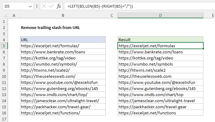Excel Remove trailing slash from url