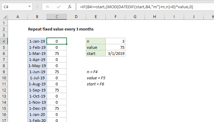 Excel Repeat fixed value every 3 months