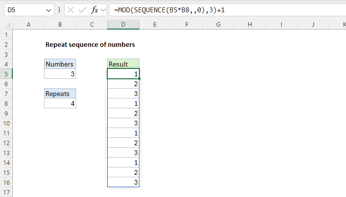 Excel Repeat sequence of numbers