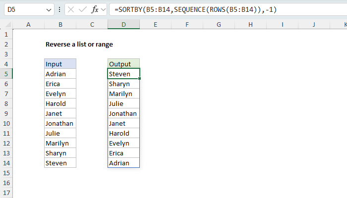Excel Reverse a list or range