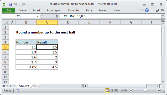 Excel Round a number up to next half