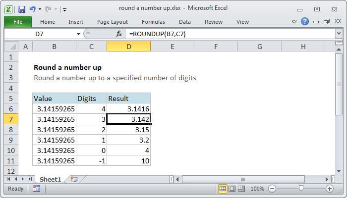 Excel Round a number up