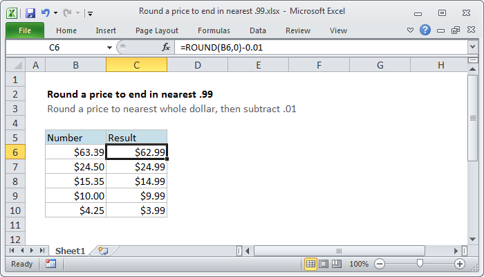 Excel Round a price to end in .99
