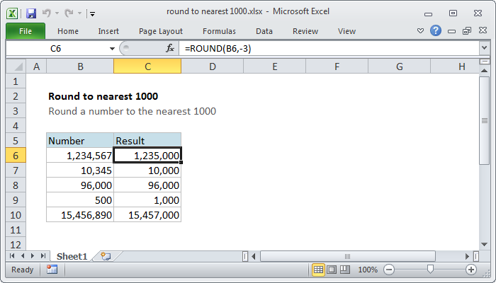 Excel Round to nearest 1000