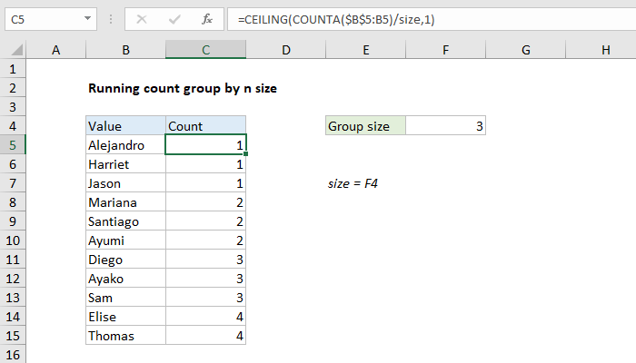 Excel Running count group by n size