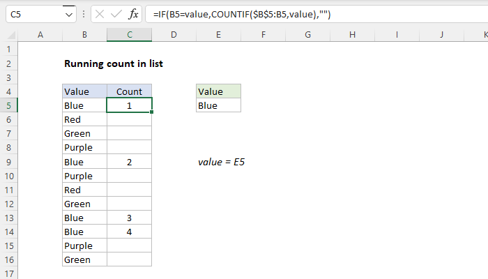 Excel Running count of occurrence in list