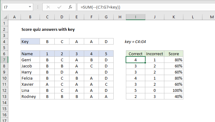 Excel Score quiz answers with key