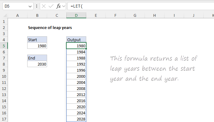 Excel Sequence of leap years