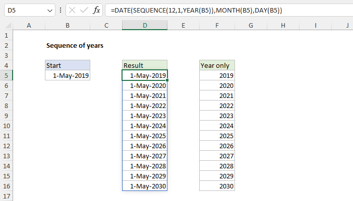 Excel Sequence of years