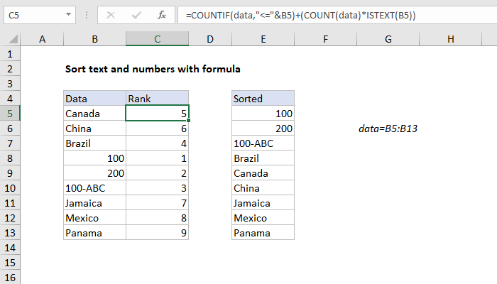 Excel Sort text and numbers with formula