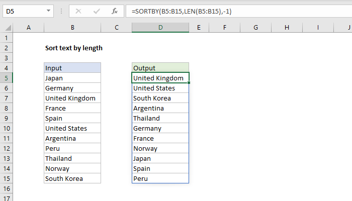 Excel Sort text by length