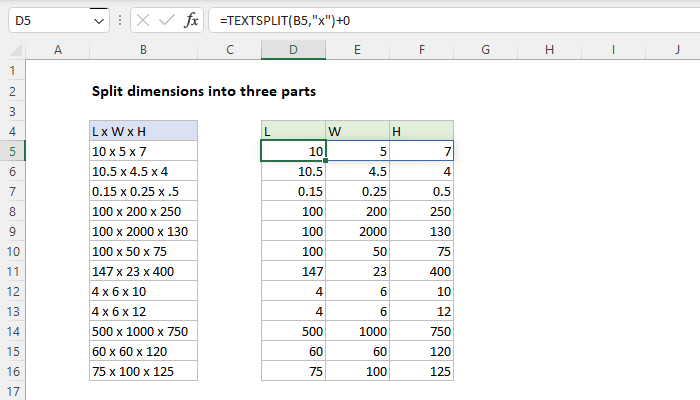 Excel Split dimensions into three parts