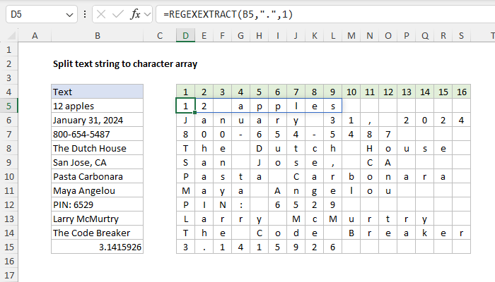 Split text string to character array