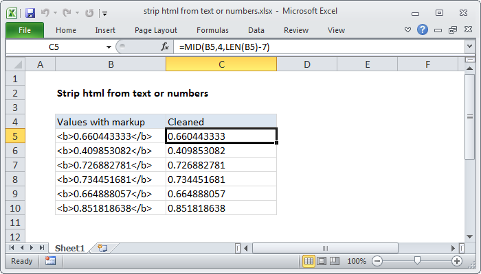 Excel Strip html from text or numbers