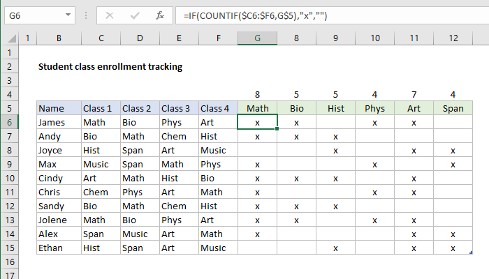 Student class enrollment with table
