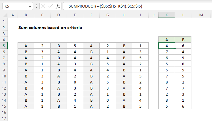 Excel Sum columns based on adjacent criteria