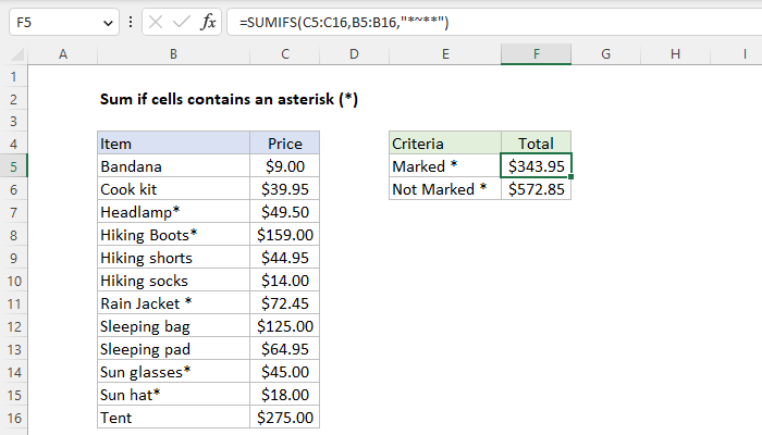 Excel Sum if cells contain an asterisk