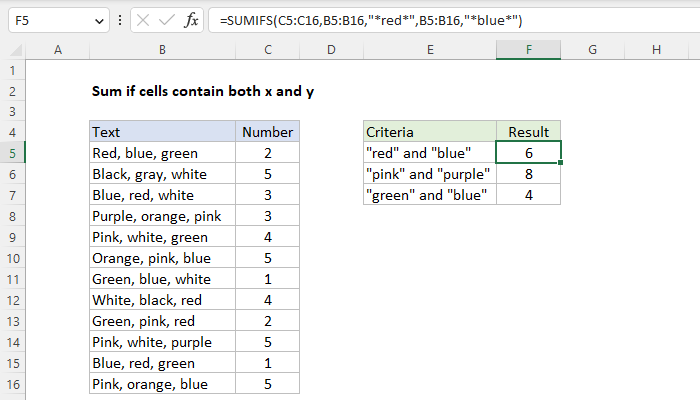 Sum if cells contain both x and y