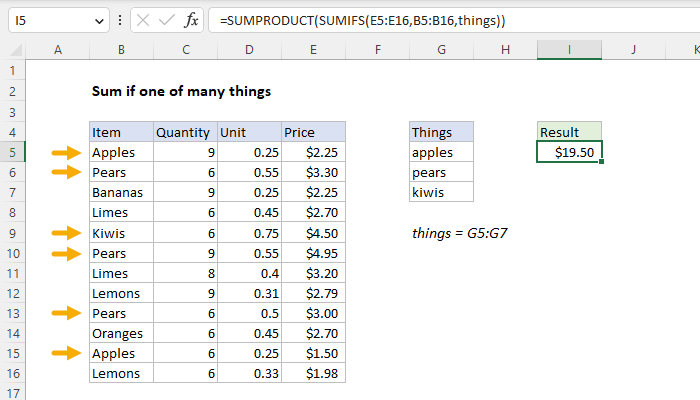 Sum if one of many things