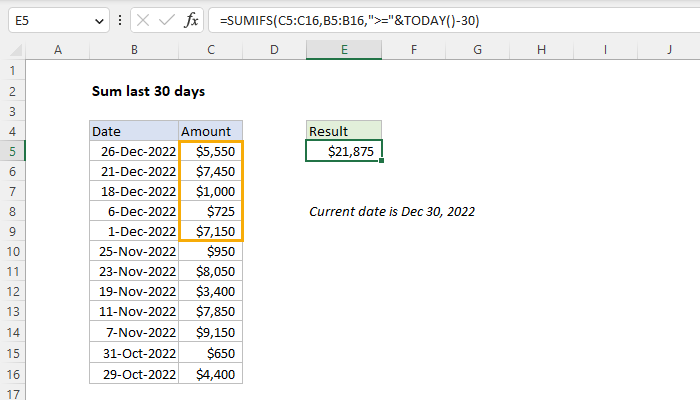 Excel Sum last 30 days
