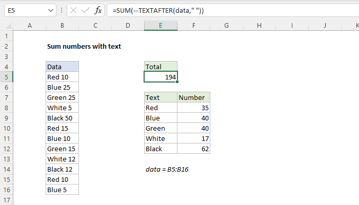 Excel Sum numbers with text