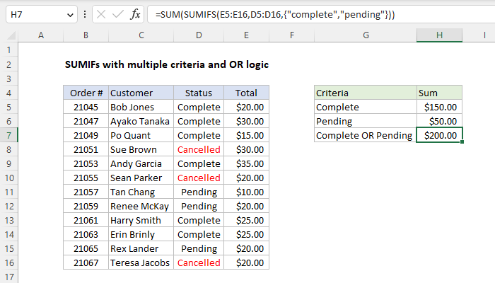 Excel SUMIFS with multiple criteria and OR logic