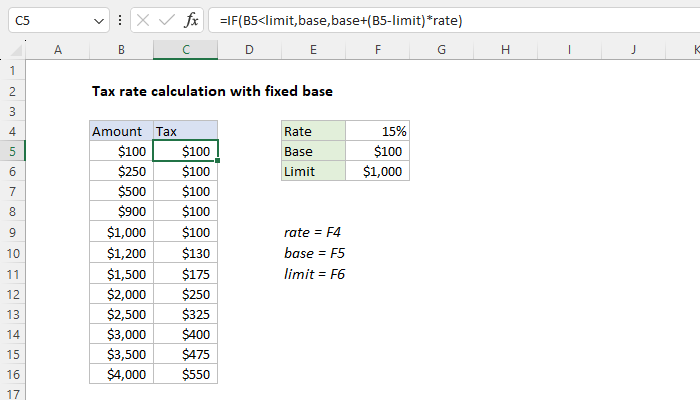 Excel Tax rate calculation with fixed base