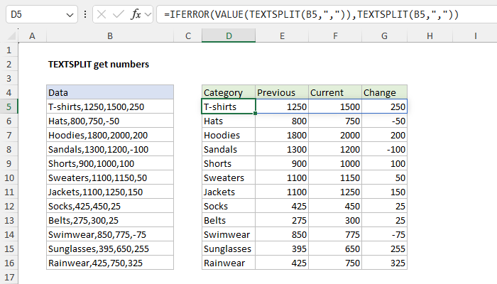 Excel TEXTSPLIT get numeric values