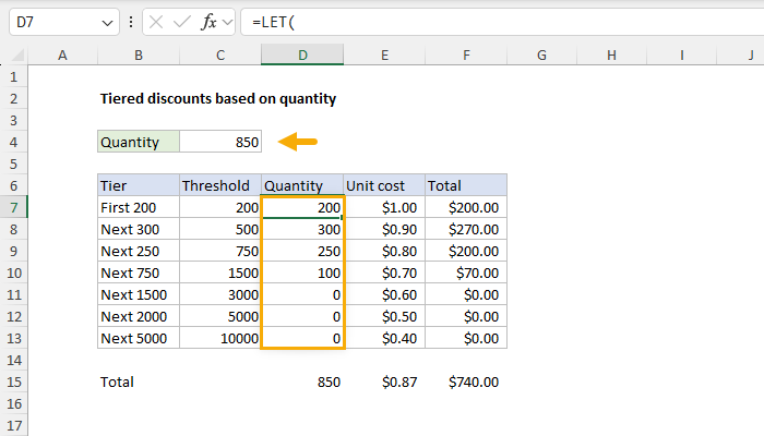 Excel Tiered discounts based on quantity
