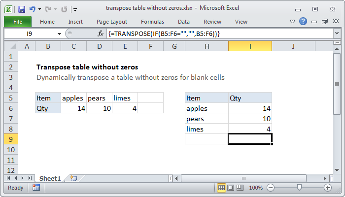 Excel Transpose table without zeros