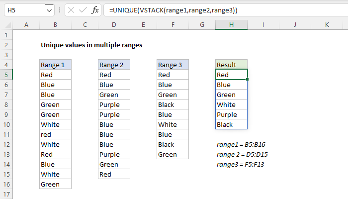 Excel Unique values from multiple ranges