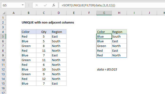 Excel UNIQUE with non-adjacent columns