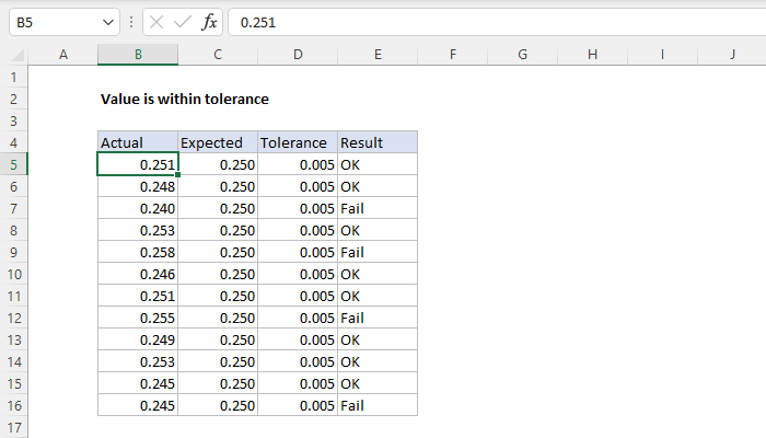 Excel Value is within tolerance