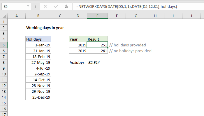 Excel Working days in year